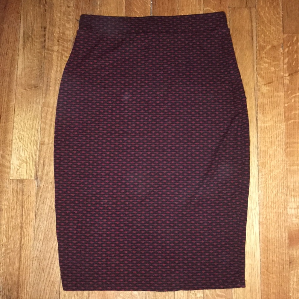 Burgundy and black stretchy pencil skirt.